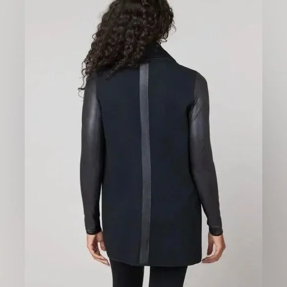 SPANX Front Drape Ponte Faux Leather Womens Jacket XS Black Stretch Draped - Picture 2 of 15